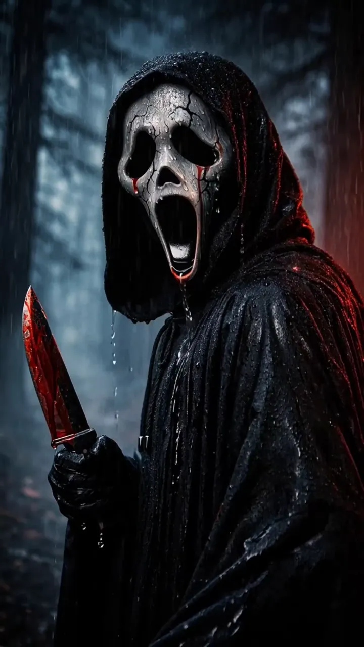 Ghostface Turns Toward You With Bloodied Knife In Rainy Forest