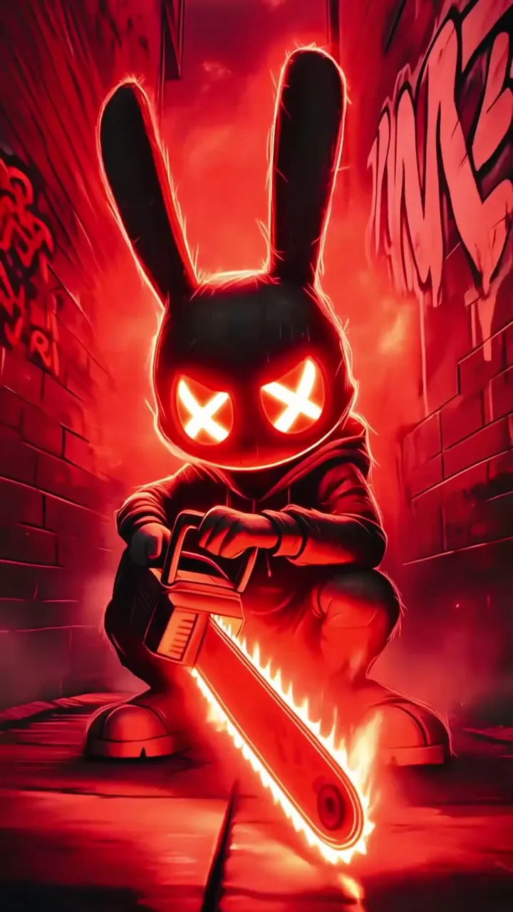 Psycho Bunny With Chainsaw In Red Neon Alley
