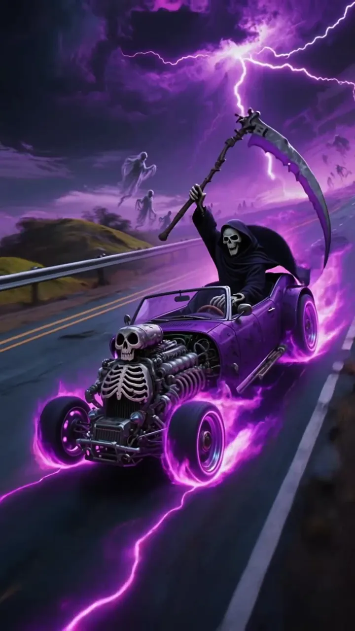 Death Driving Purple Hot Rod With Lightning And Ghosts