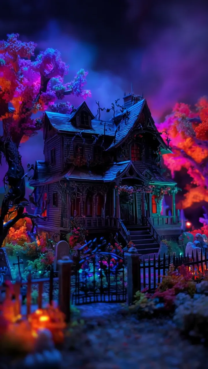 Spooky Haunted House With Neon Lights And Graveyard