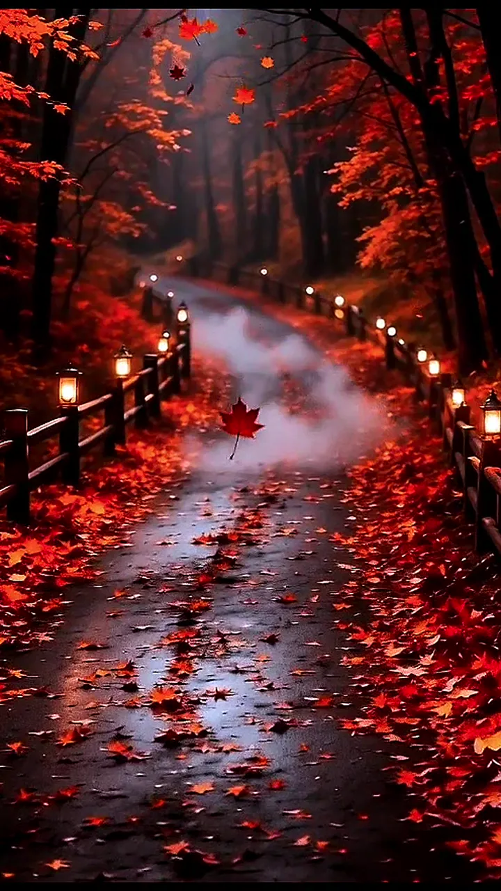 Autumn Forest Path With Falling Maple Leaves And Warm Lanterns