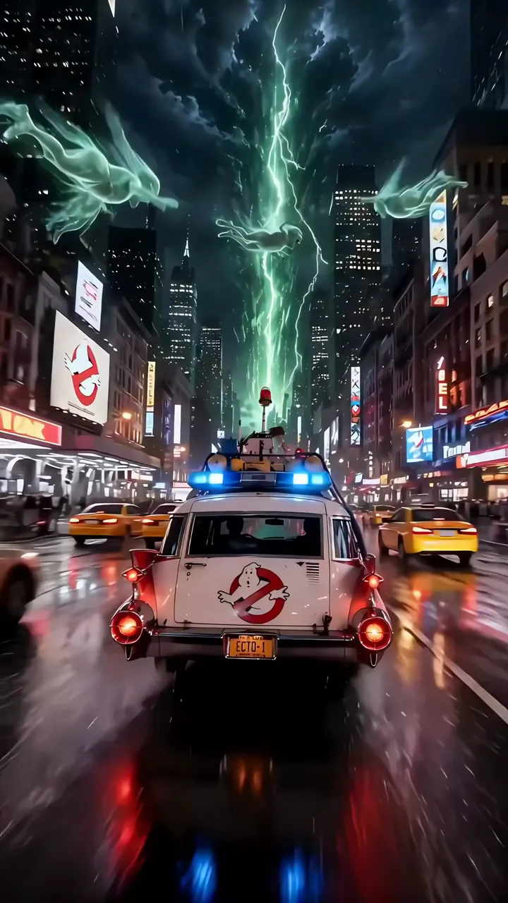 Ghostbusters Ecto-1 Chase Through New York City Storm