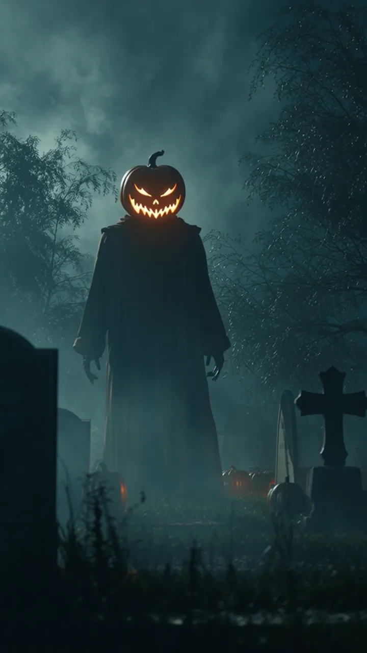 Glowing Jack-o'-Lantern Ghost In Haunted Graveyard