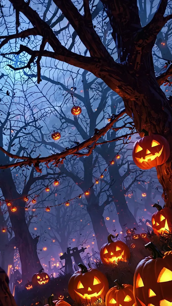 Mystical Halloween Forest With Glowing Pumpkins And Twisted Trees