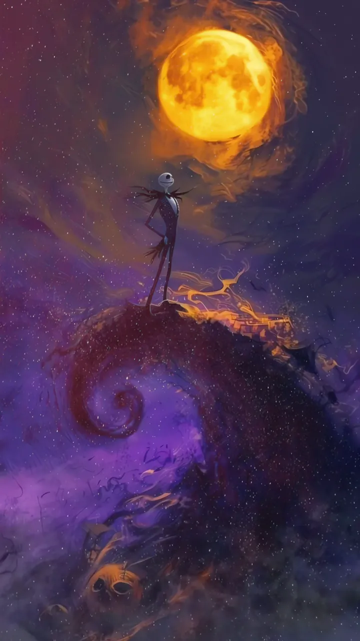 Jack Skellington Standing On Spiral Hill Under Orange Moon