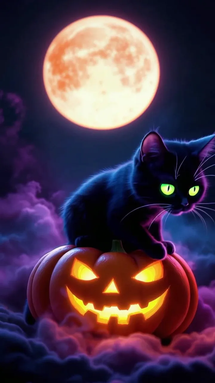 Black Cat With Glowing Eyes Sitting On Halloween Pumpkin