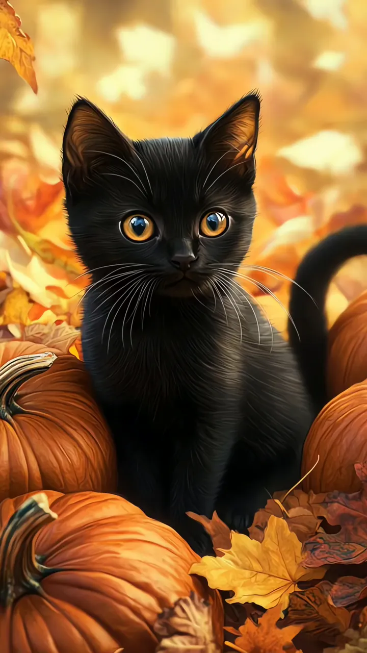 Adorable Black Cat With Golden Eyes Among Pumpkins And Autumn Leaves