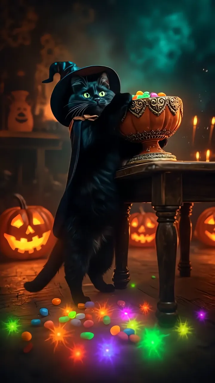 Black Cat Witch Trick-or-Treat Halloween Live Wallpaper