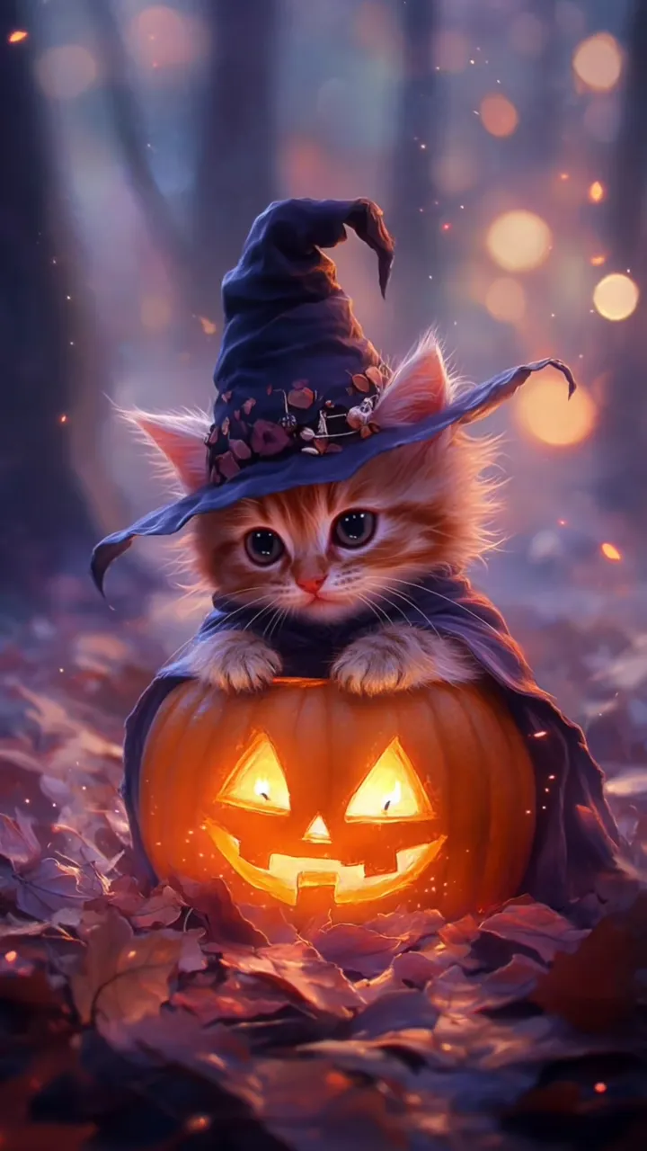 Cute Anime Kitten In Witch Hat Sitting On Pumpkin Halloween