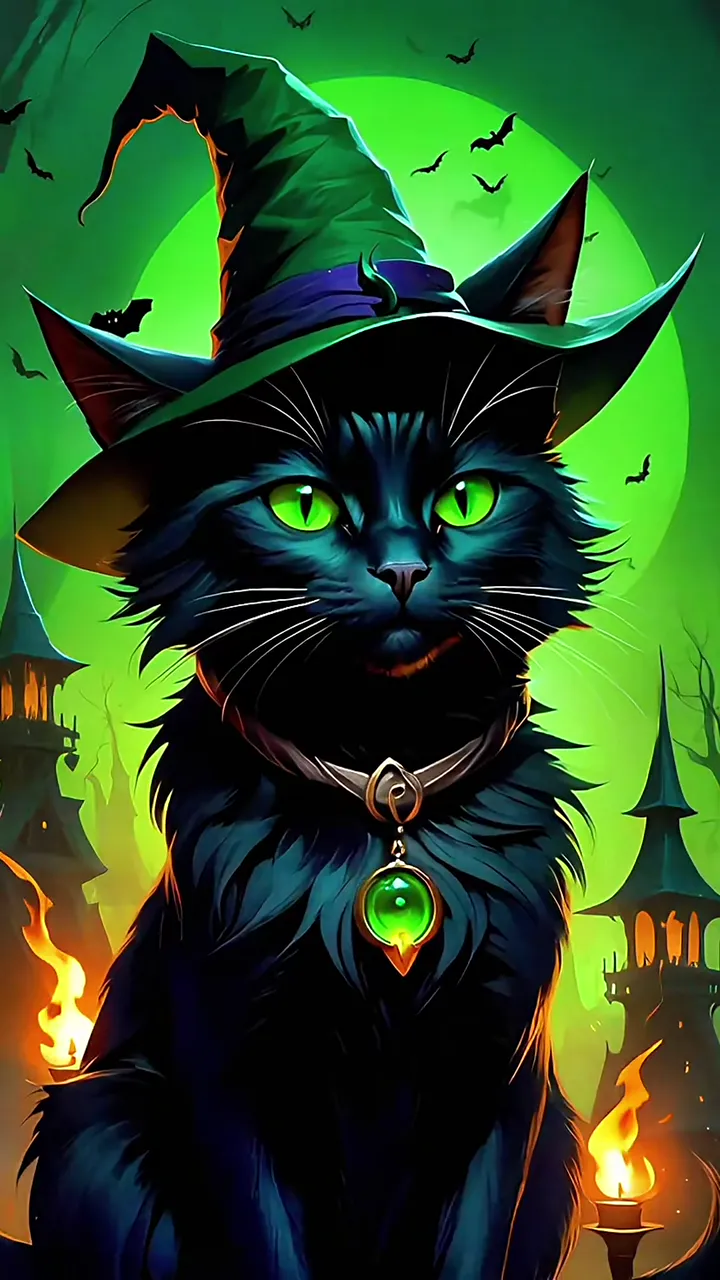 Cute Witch Black Cat With Green Eyes And Witch Hat