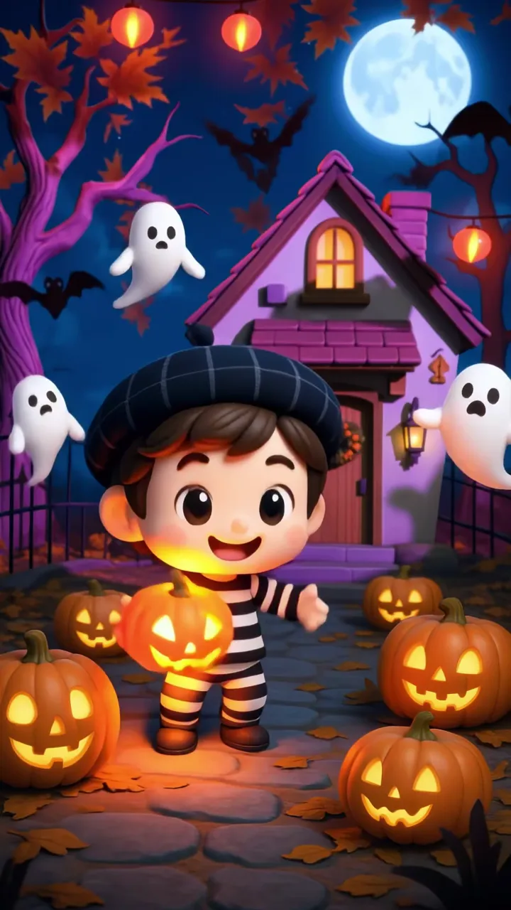 Cute Boy Holding Pumpkin Halloween Night Scene