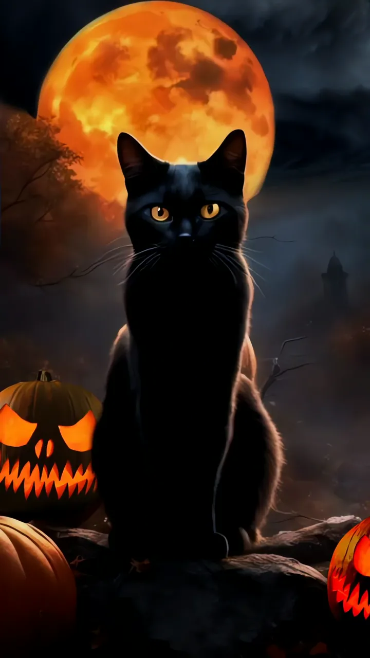Black Cat Halloween With Orange Moon And Jack O Lanterns