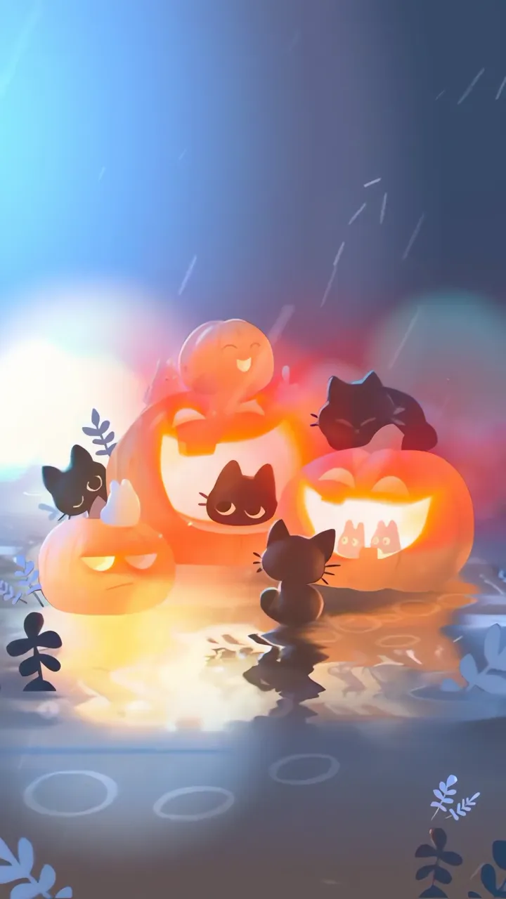 Cute Black Cats With Pumpkins In Rainy Halloween Scene