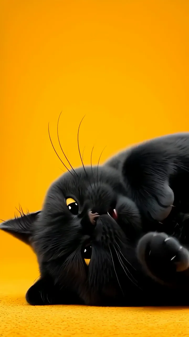 Cute Black Cat Rolling On Orange Floor With Yellow Eyes