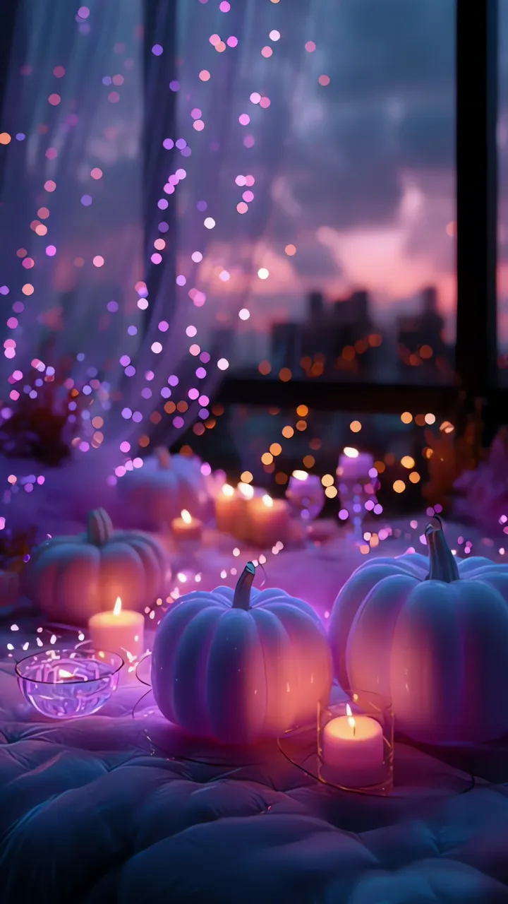 Cozy Pink Pumpkin Halloween Scene With Candles And Fairy Lights
