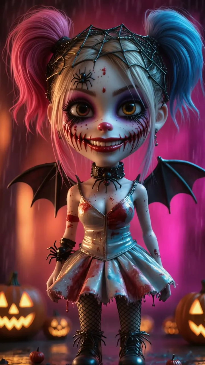 Harley Quinn Halloween Costume With Bat Wings And Pumpkin Background