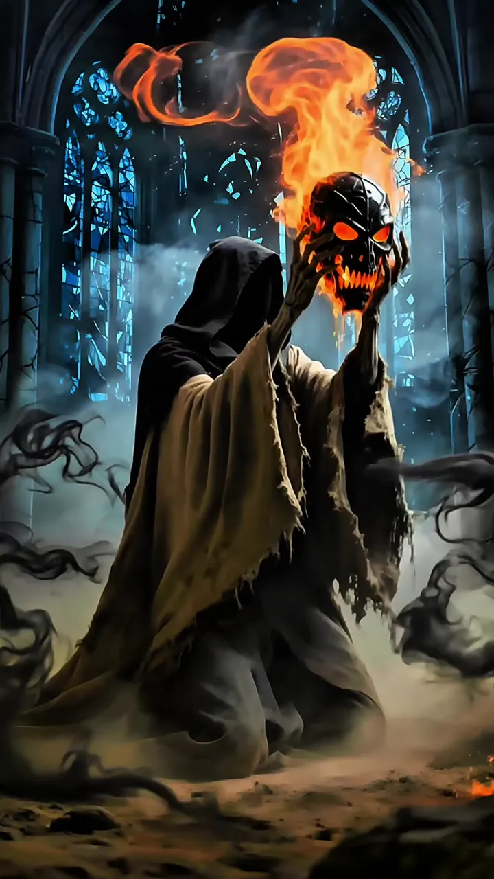 Grim Reaper Holding Fiery Skull In Gothic Cathedral