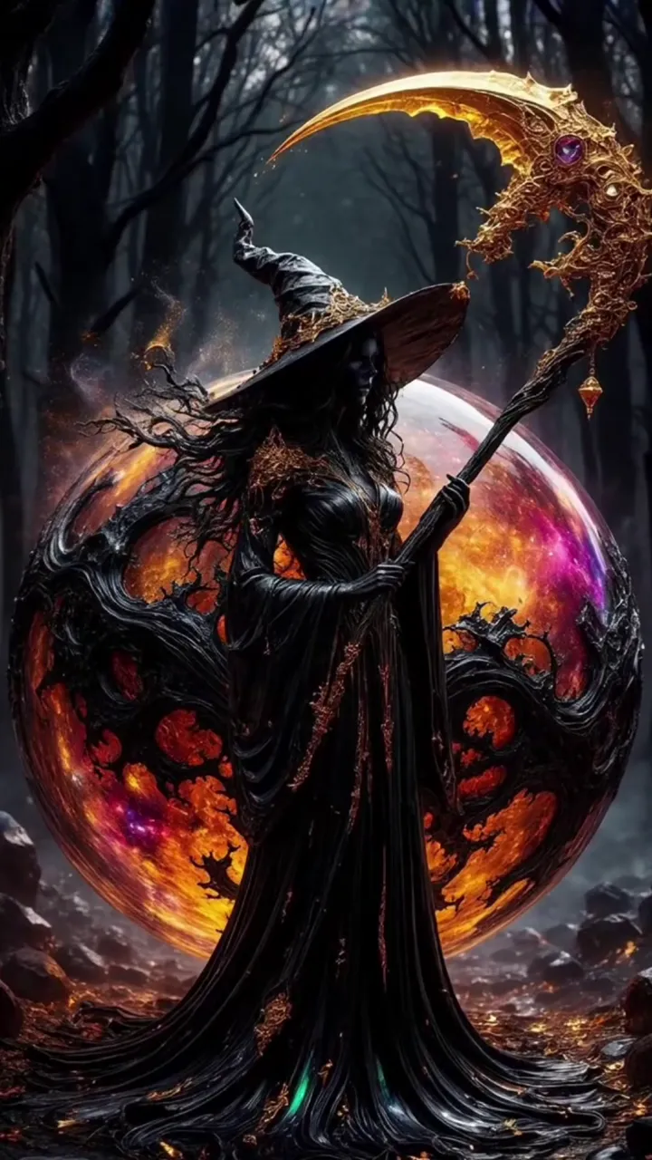 Dark Witch With Golden Scythe Performing Cosmic Ritual