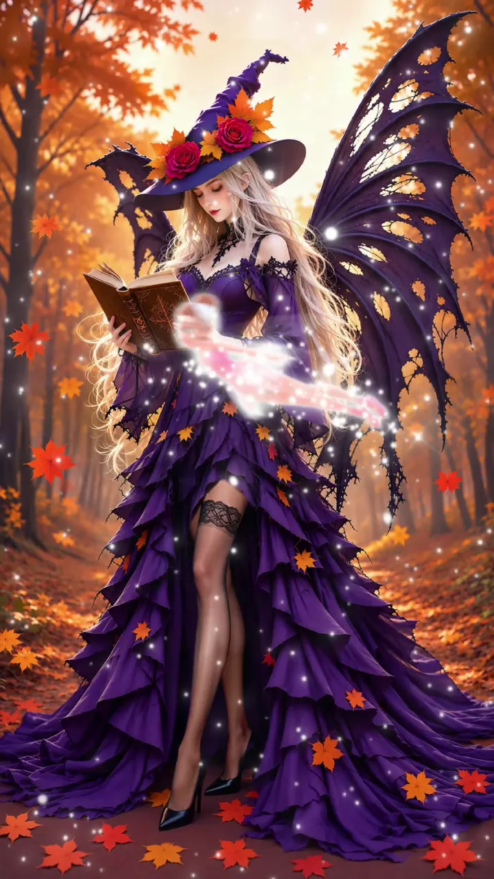 Spooky Witch With Purple Wings Reading Book In Autumn Forest
