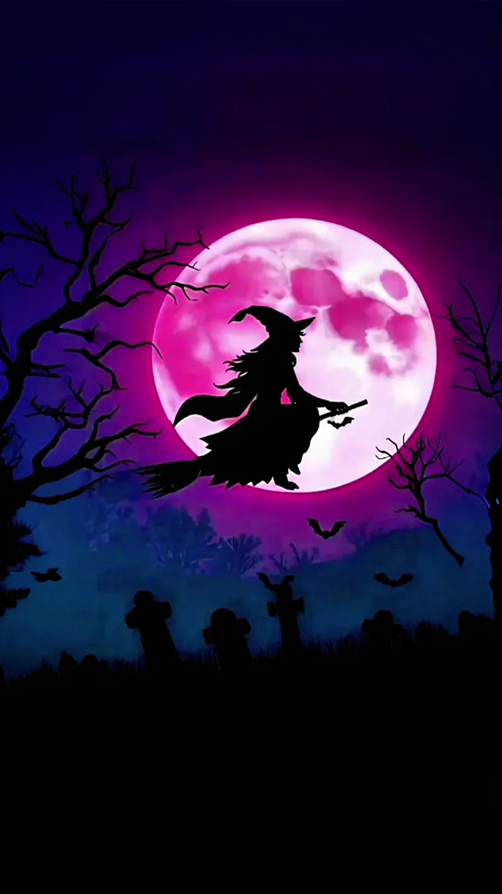 Creepy Witch Flying On Broomstick Over Pink Moon Halloween