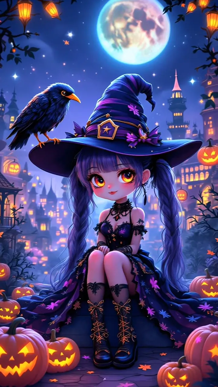 Cute Little Witch With Raven And Pumpkin Halloween Night