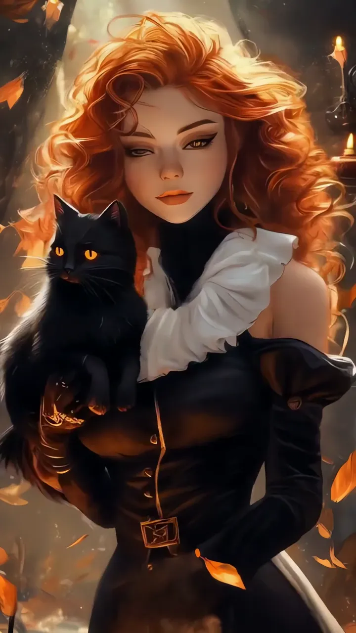 Halloween Witch With Black Cat And Autumn Leaves