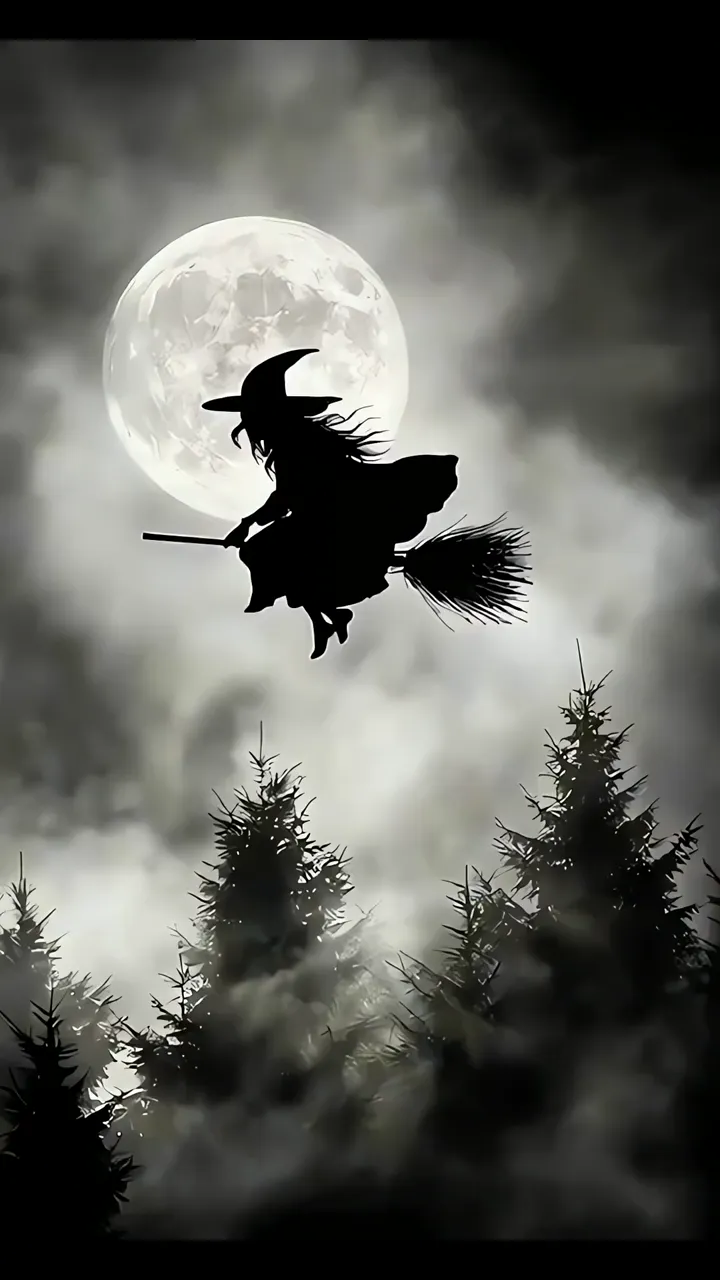 Silhouette Witch Flying On Broomstick Over Moon And Forest