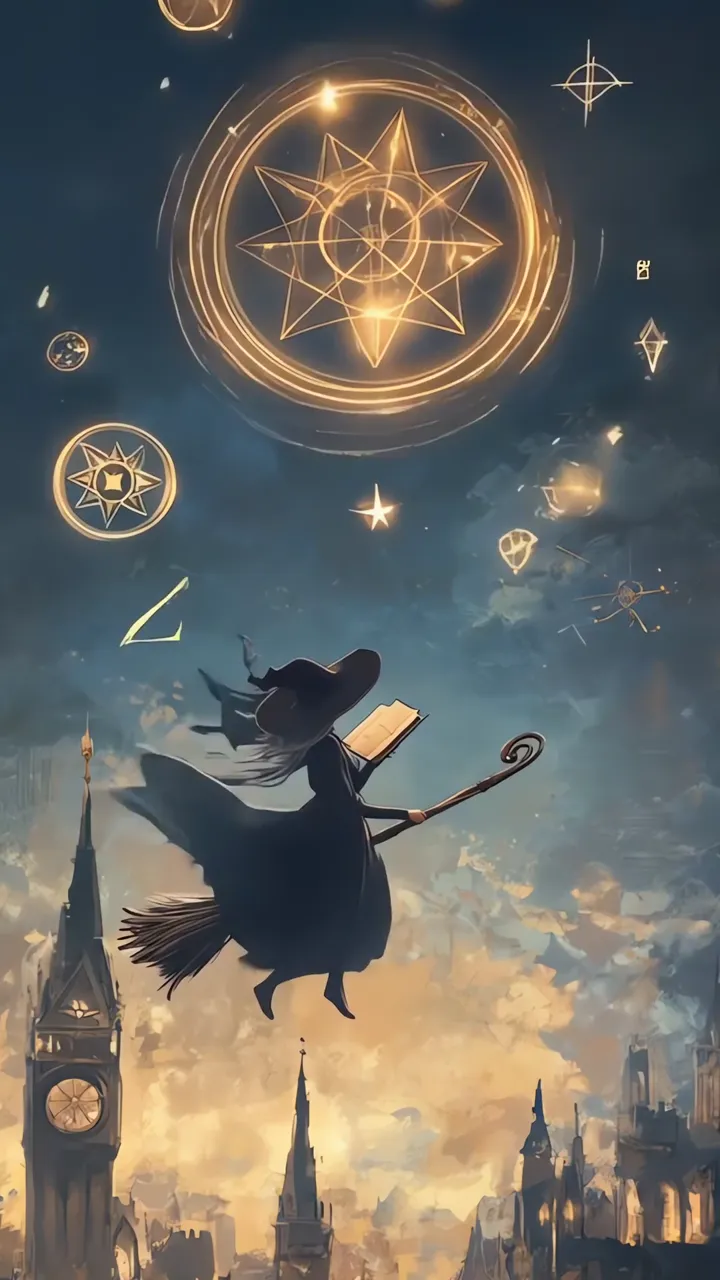 Witch Flying Over Gothic City With Magical Symbols