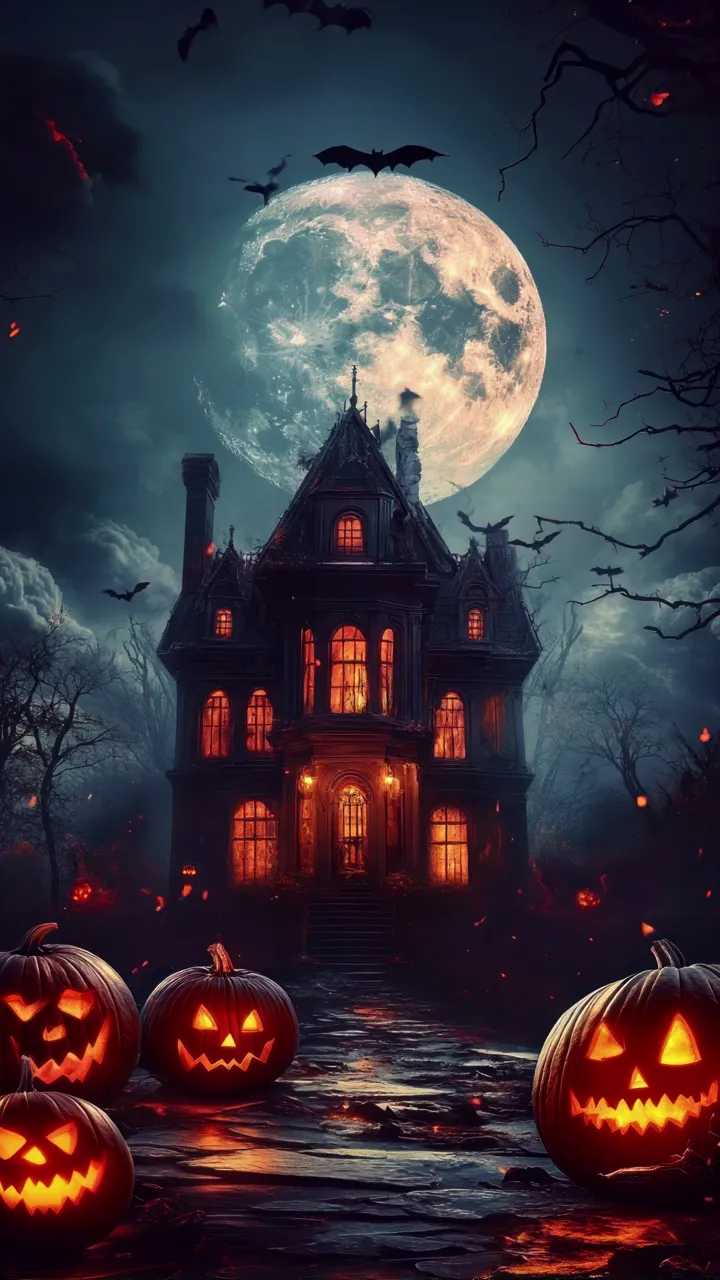 Spooky Haunted House With Pumpkins And Full Moon Halloween