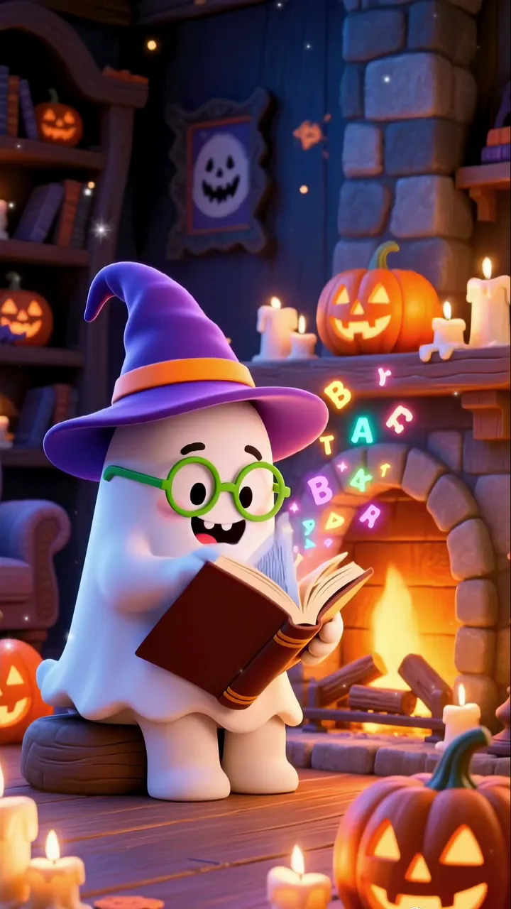 Cute Ghost Witch Reading Book In Halloween Castle