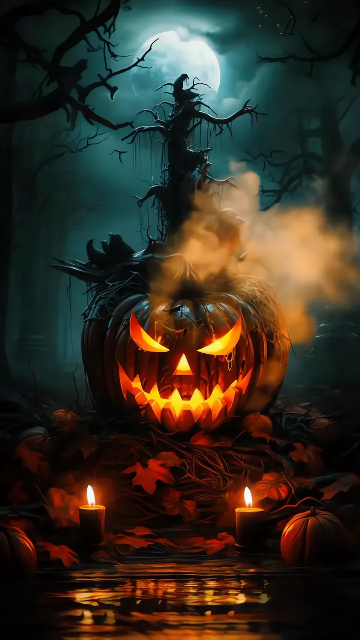 Evil Pumpkin With Fiery Glow In Dark Forest Halloween Scene