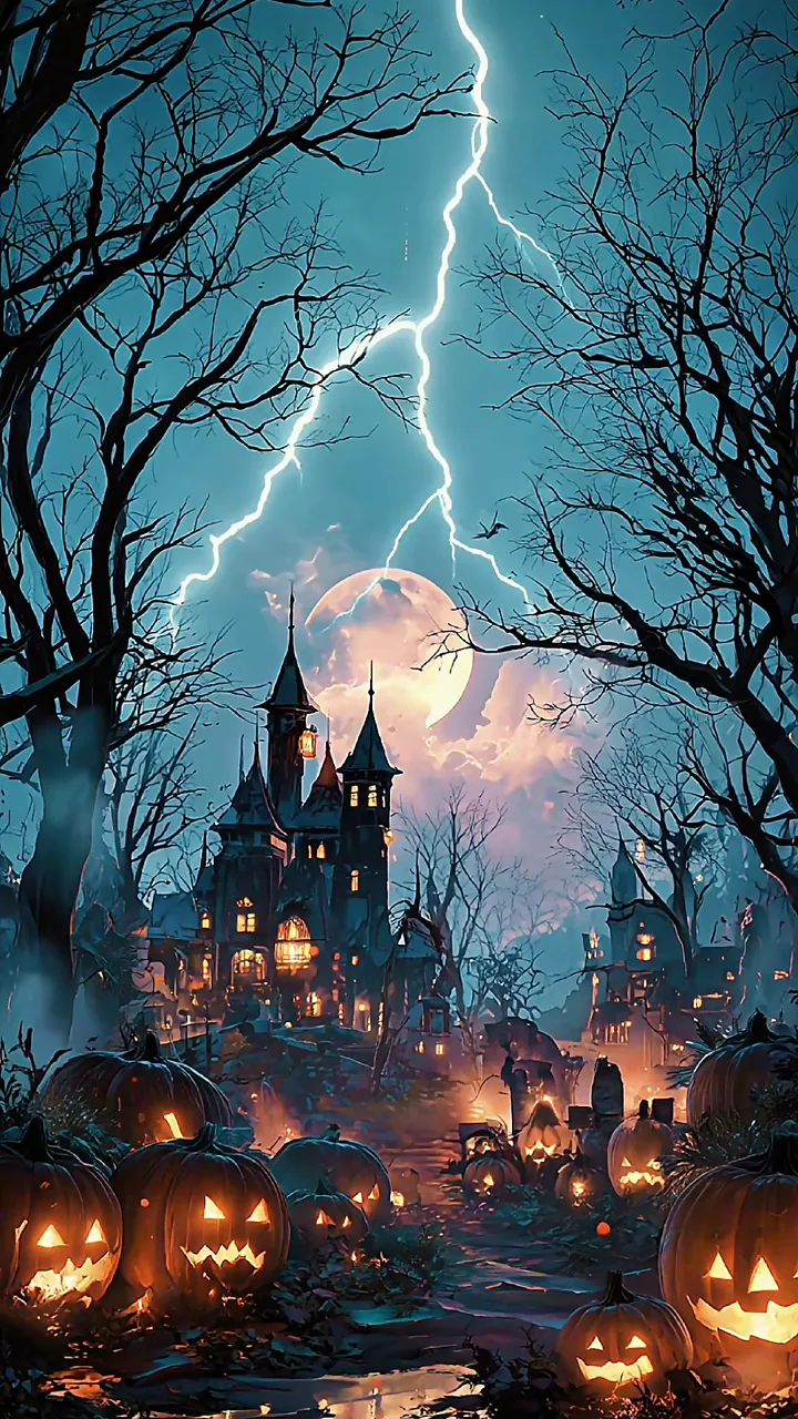 Spooky Halloween Castle With Lightning And Pumpkin Path