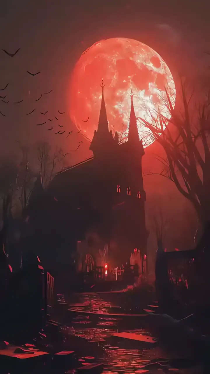 Blood Moon Over Gothic Church With Flying Bats