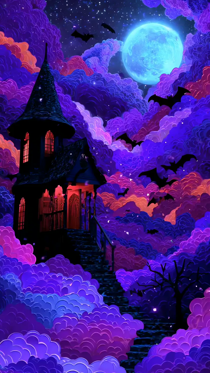 Haunted House Under Neon Moon With Flying Bats