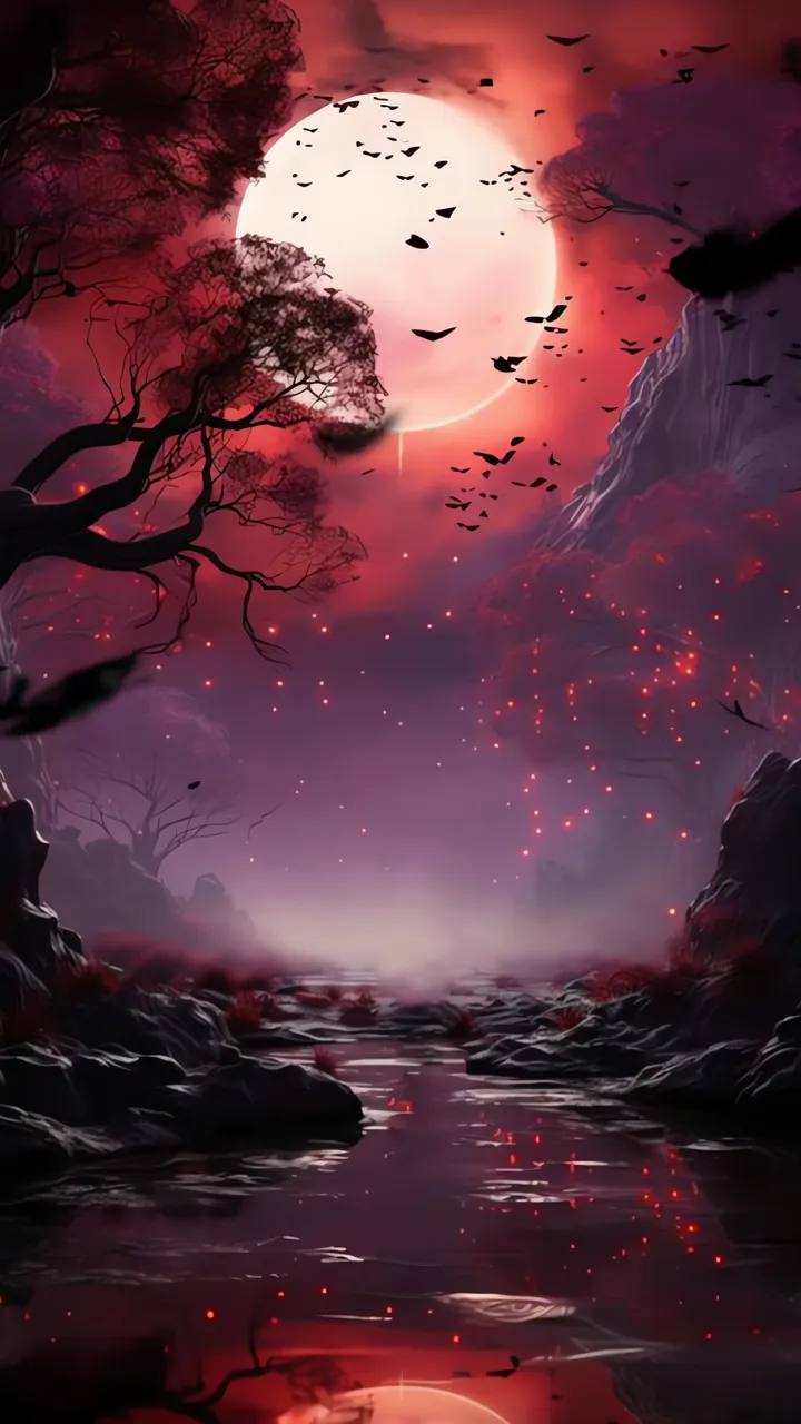 Blood Moon Over Haunted Forest With Flying Bats