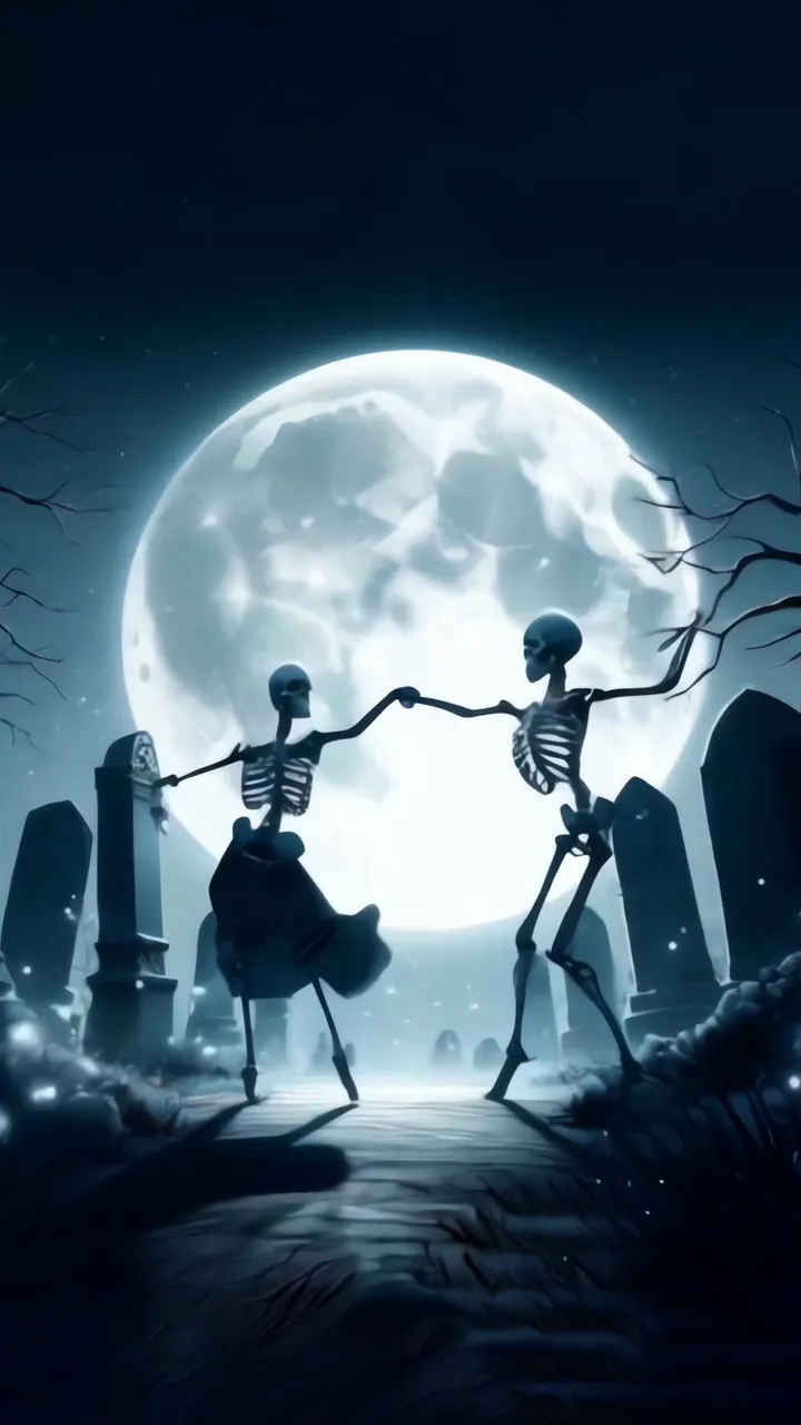 Elegant Skeleton Dance Under Full Moon In Graveyard