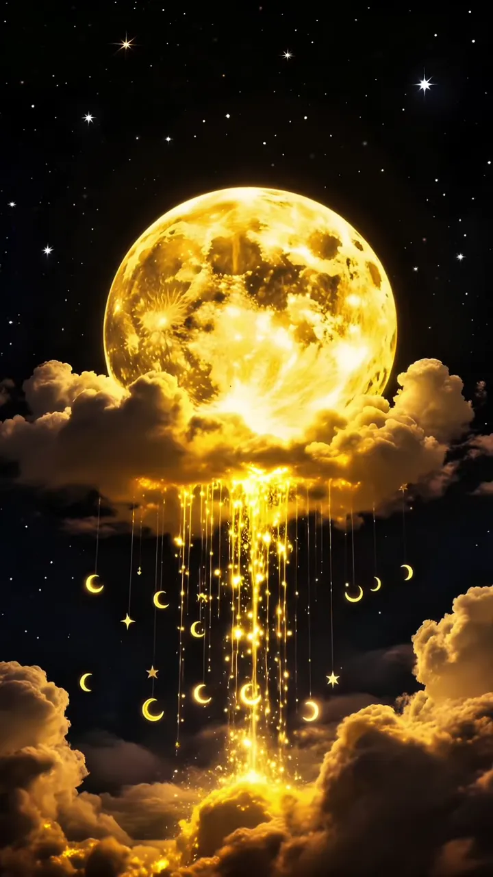 Golden Moon Rain With Crescent Moons And Starry Sky