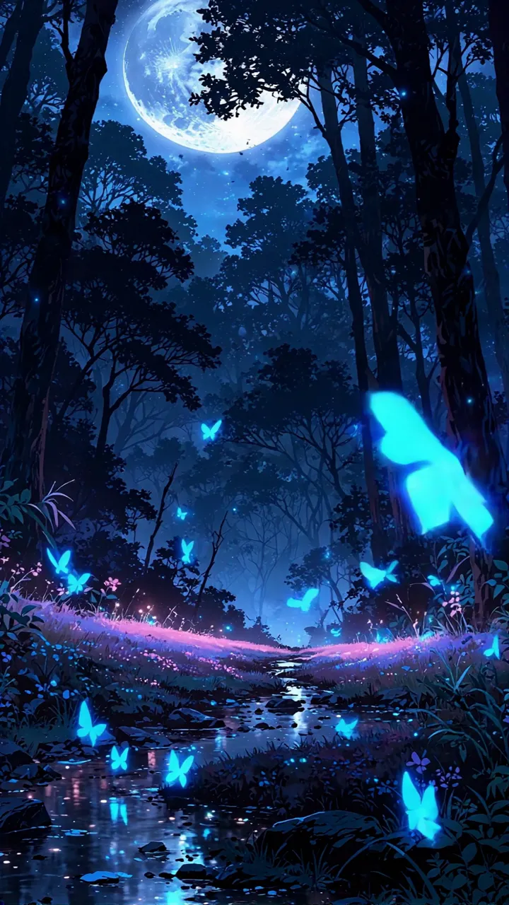 Mystical Night Forest With Glowing Blue Butterflies And Full Moon