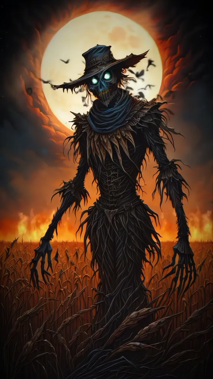 Scary Scarecrow With Glowing Eyes In Cornfield Under Full Moon
