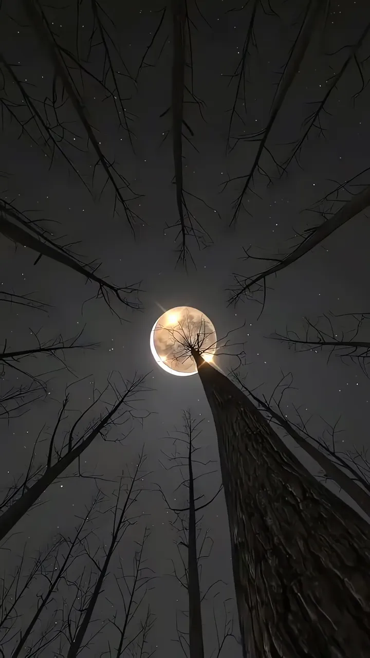 Full Moon Through Bare Trees Starry Night Forest Scene
