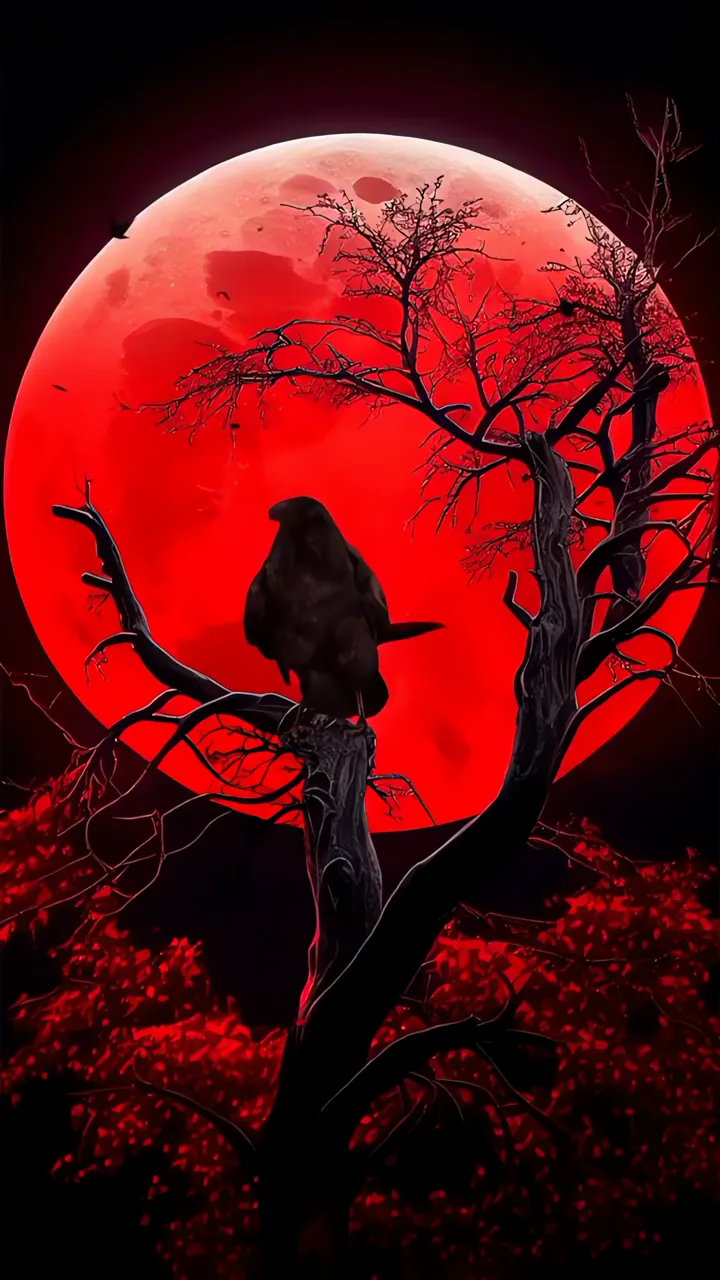 Eerie Raven Perched On Dead Tree Against Blood Moon
