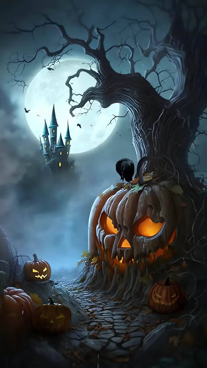 Glowing Pumpkin Halloween Scene With Moonlit Castle