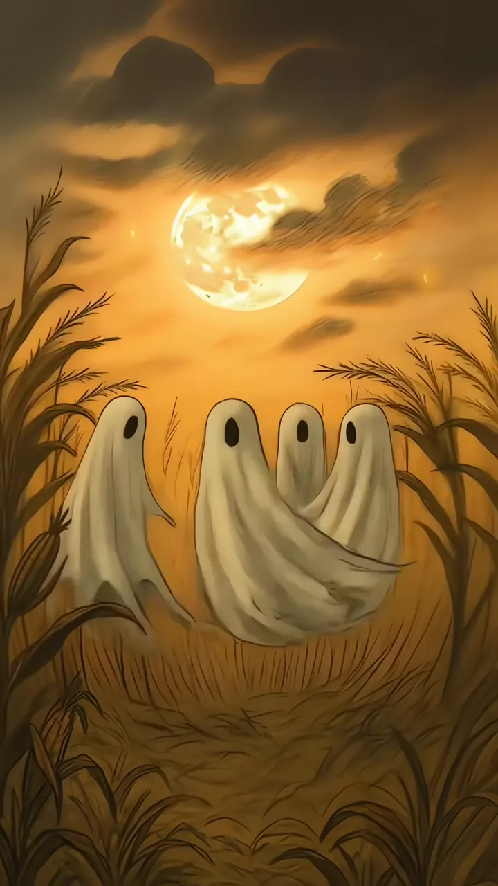 Three Ghosts Floating In Cornfield Under Full Moon Halloween