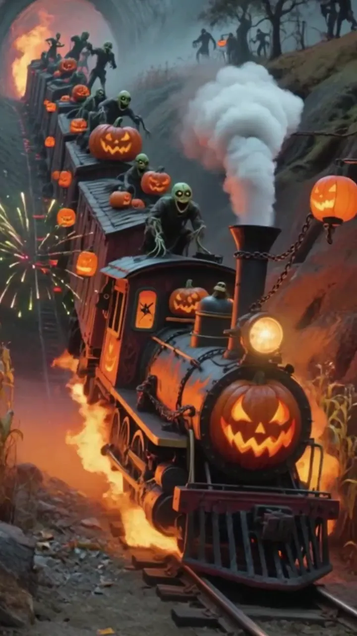 Pumpkin Train Halloween Horror With Ghosts And Fireworks