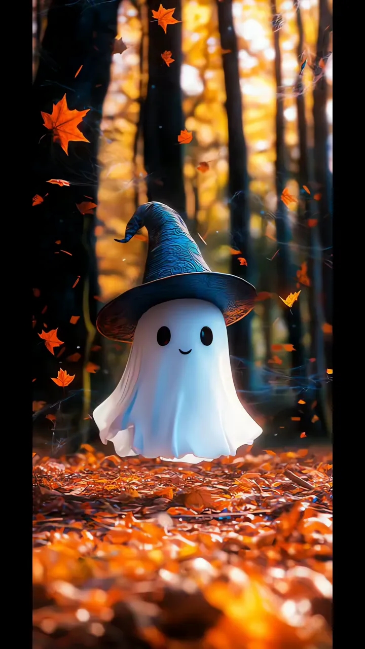 Cute Ghost With Witch Hat Floating In Autumn Forest