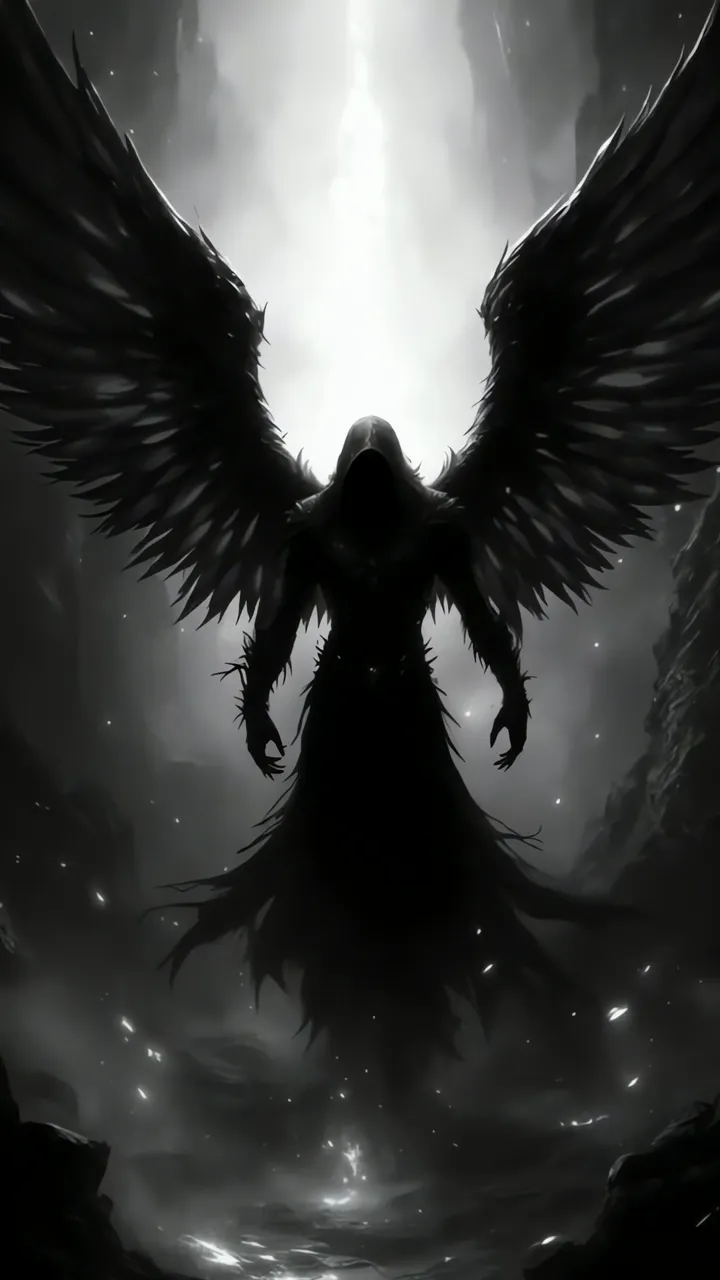 Dark Angel With Black Wings Standing In Haunting Fantasy Scene