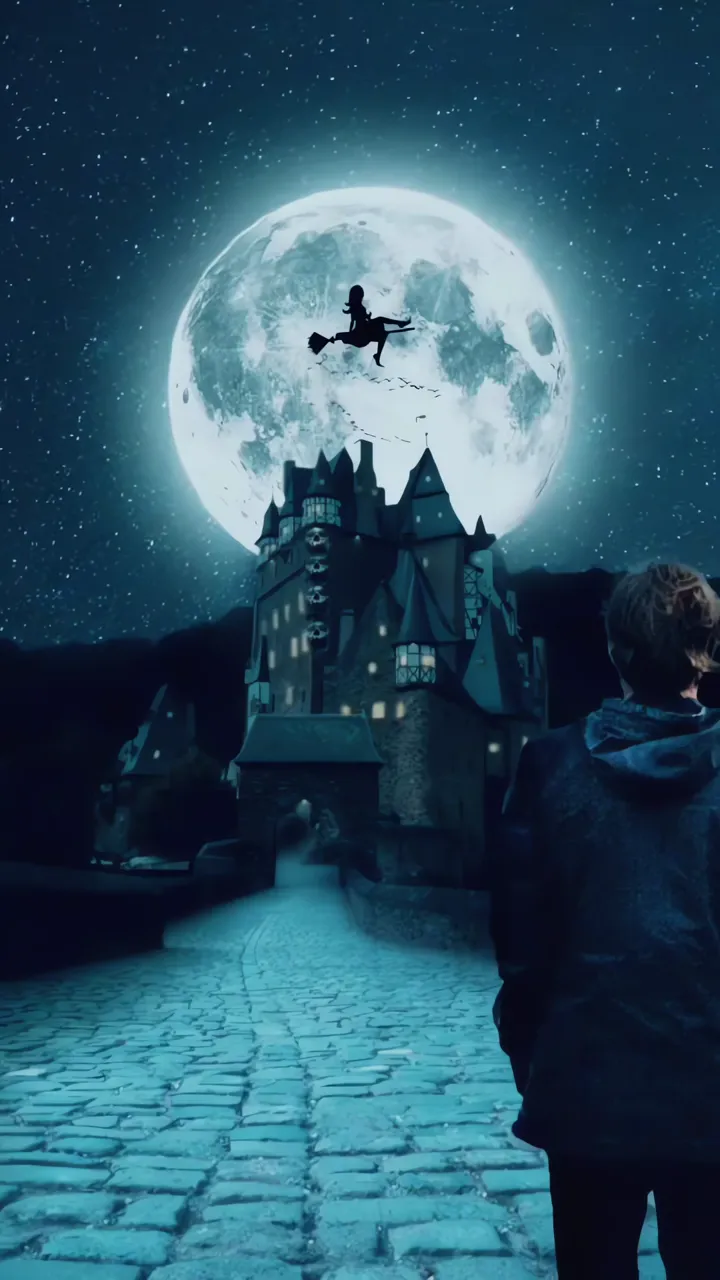 Witch Flying On Broomstick Over Moon Castle Halloween Scene