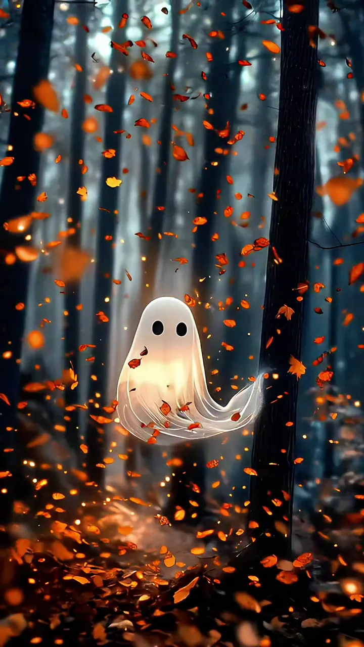 Cute Ghost Floating In Autumn Forest With Falling Leaves