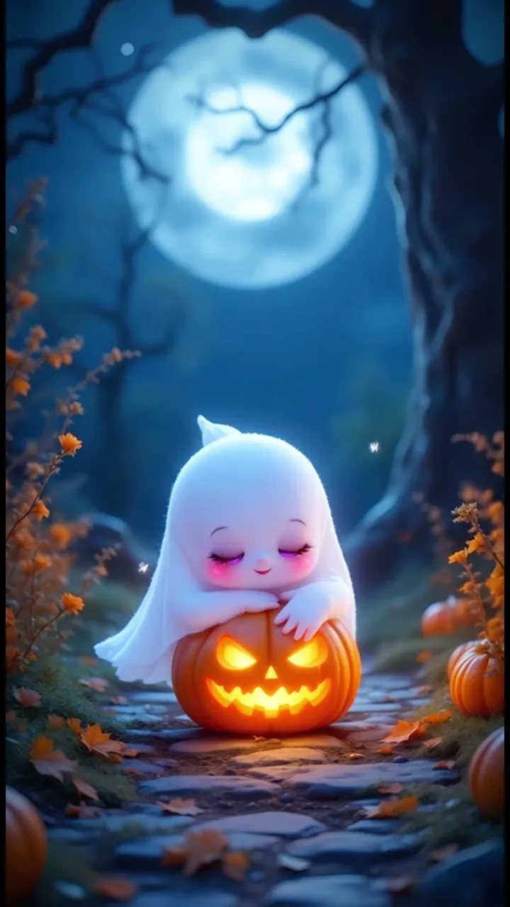 Cute Ghost Hugging Pumpkin In Halloween Forest Moonlight