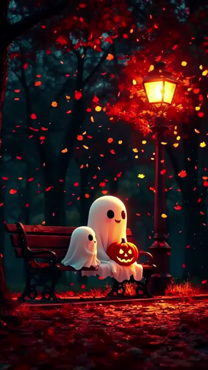 Cute Ghosts With Pumpkin On Autumn Bench Halloween